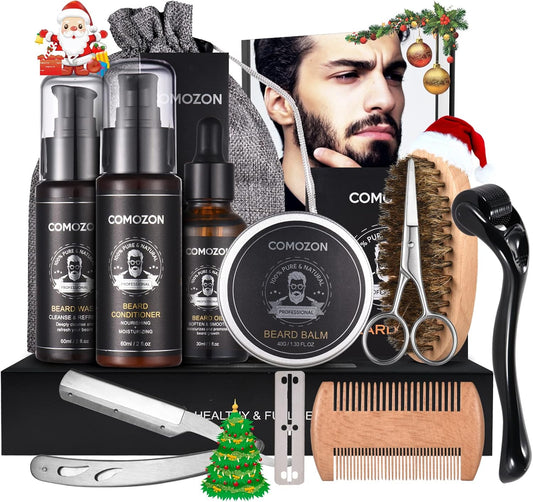 Kit Barbe Homme Complet 12 En 1, Kit De Soin Barbe Homme Avec Rouleau Barbe Contenir Huile Barbe, Shampoing Barbe,Crèmes De Barbe, Peigne Barbe,Ciseaux Barbe,Brosse À Barbe, Rasoir, 10 Lames Barbe