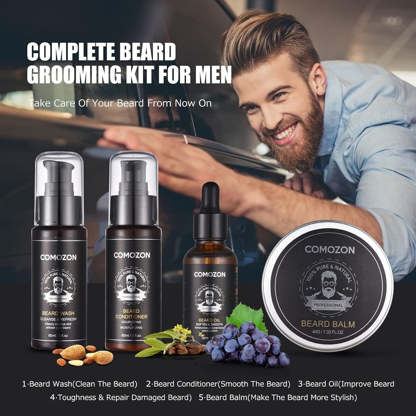 Kit Barbe Homme Complet 12 En 1, Kit De Soin Barbe Homme Avec Rouleau Barbe Contenir Huile Barbe, Shampoing Barbe,Crèmes De Barbe, Peigne Barbe,Ciseaux Barbe,Brosse À Barbe, Rasoir, 10 Lames Barbe